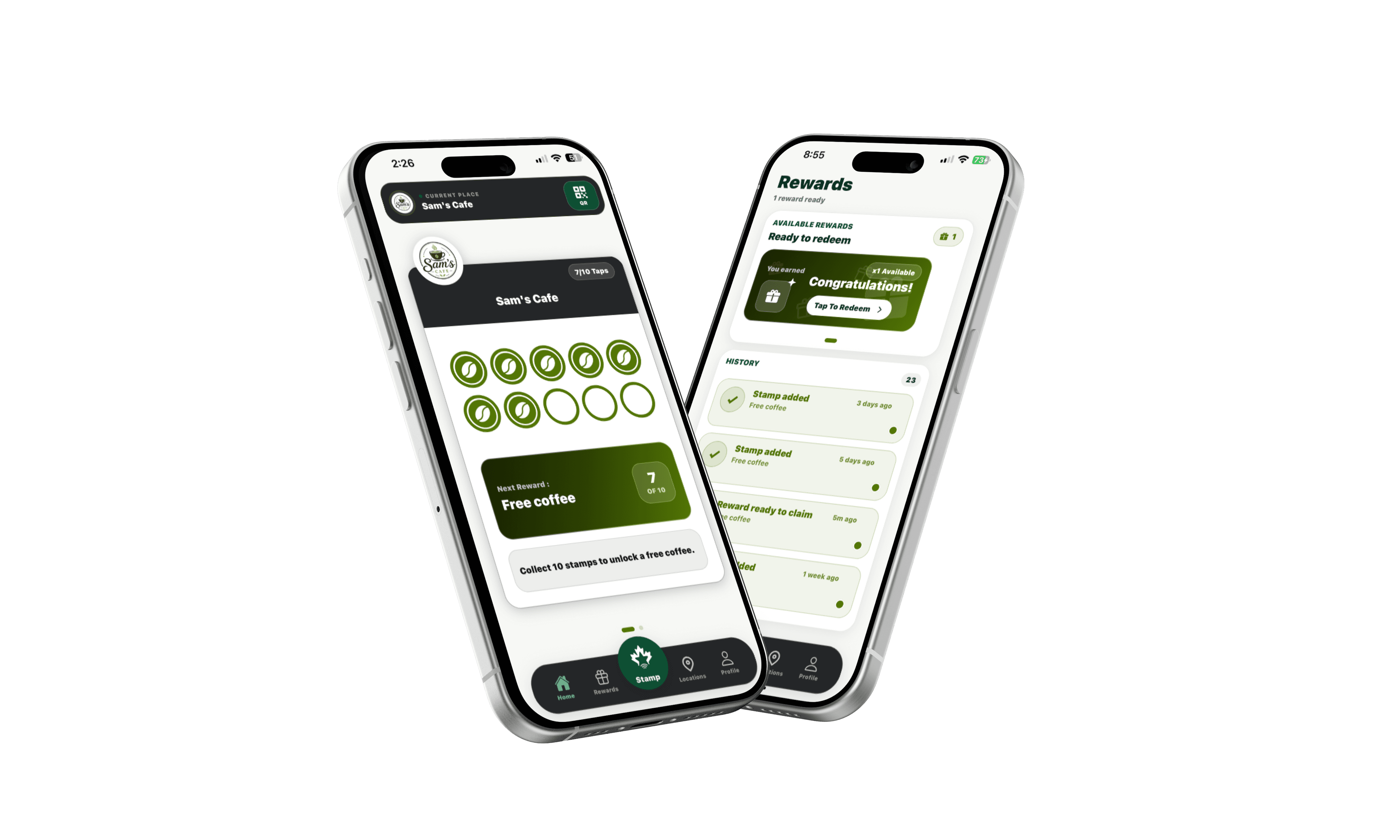 TapTally loyalty card and rewards screens on two phones