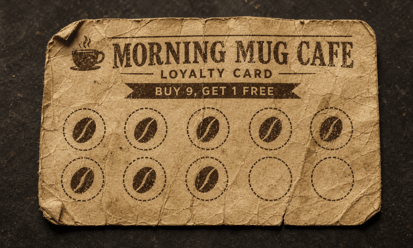 Worn Morning Mug Cafe paper loyalty card with coffee bean stamps