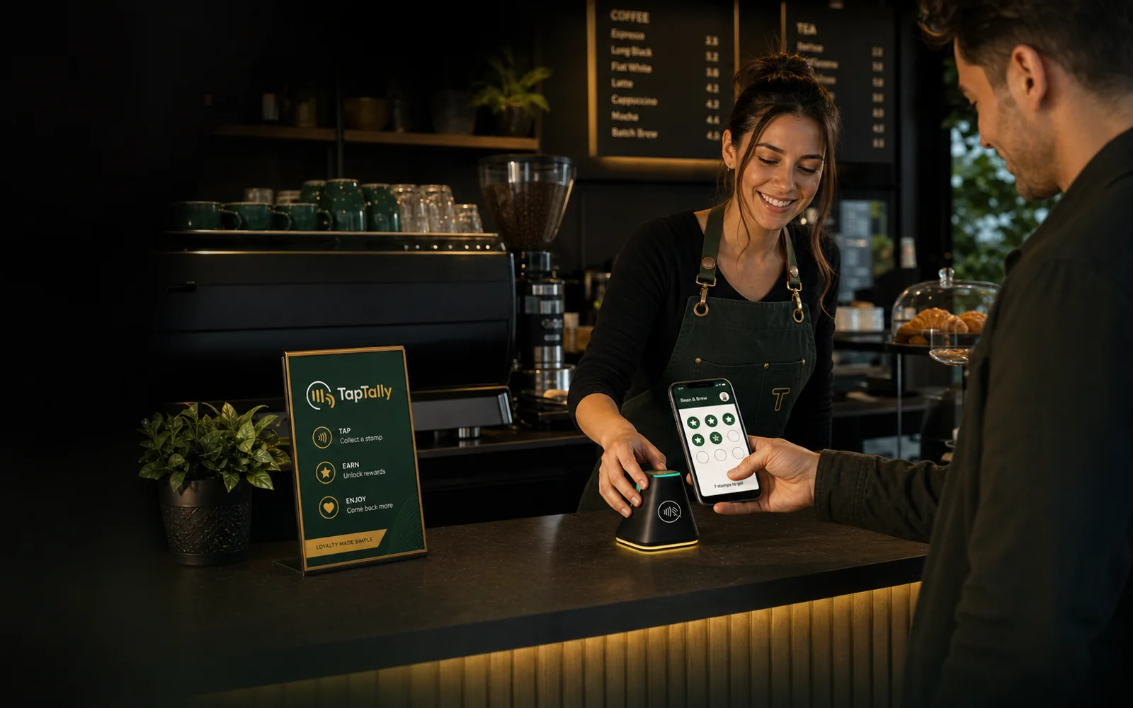 TapTally video preview showing a tap-to-stamp loyalty setup at a local business counter