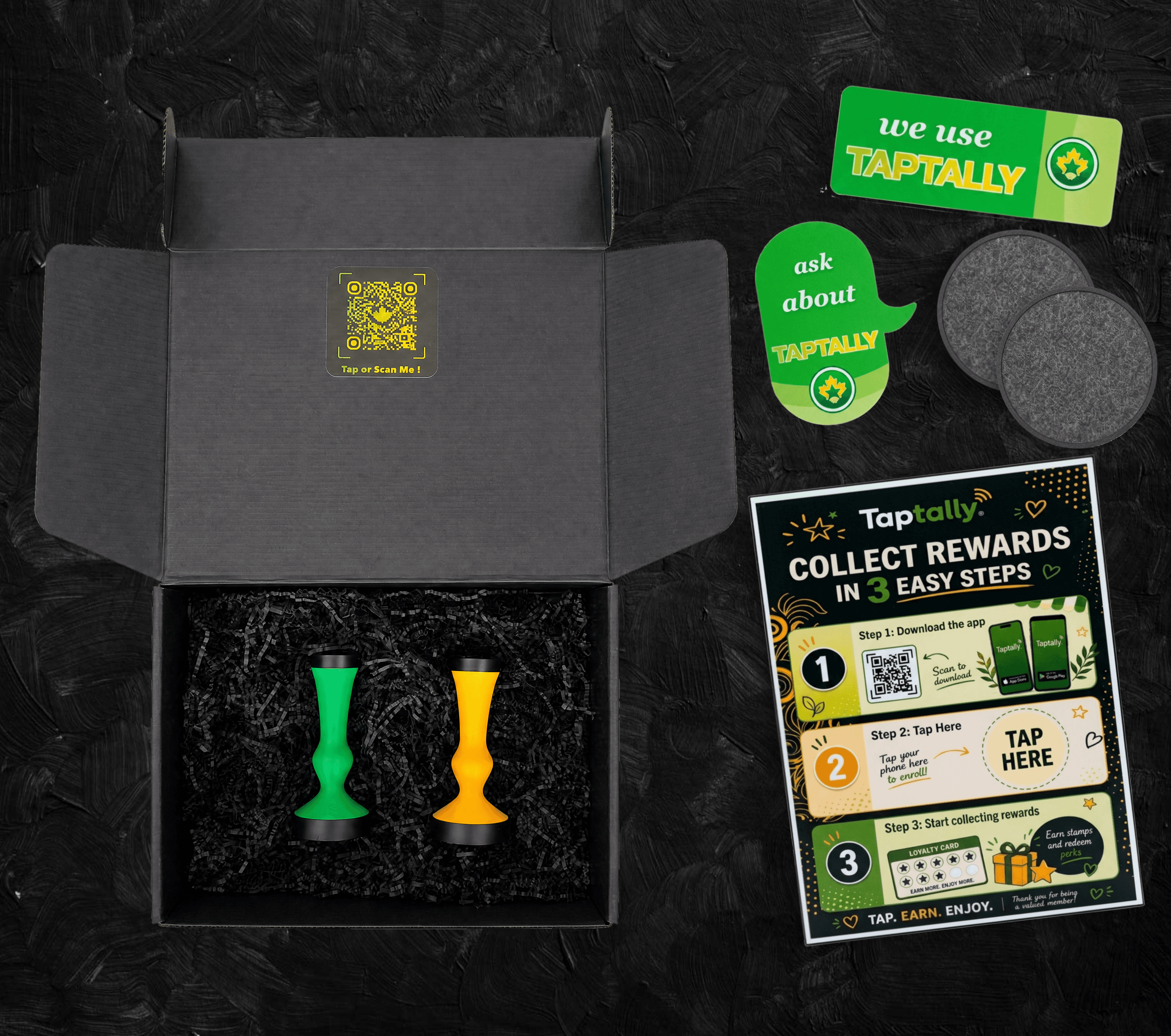 TapTally starter kit box with QR sign, NFC tap point, and branded materials